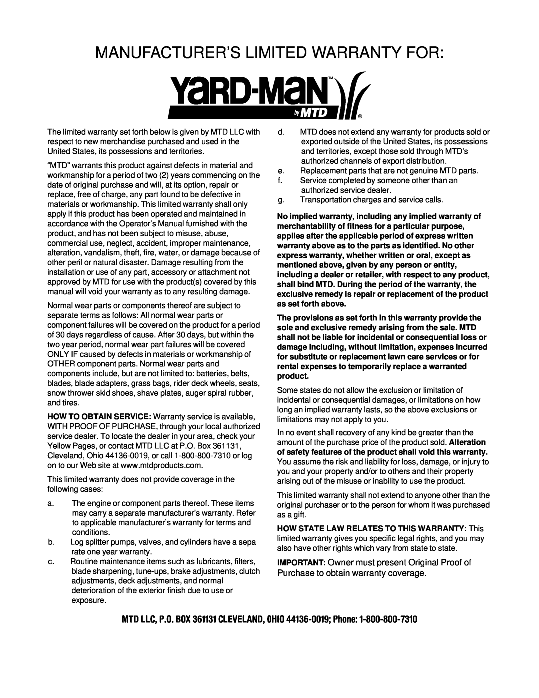 Yard-Man 503 manual MTD LLC, P.O. BOX 361131 CLEVELAND, OHIO 44136-0019 Phone, Manufacturer’S Limited Warranty For 
