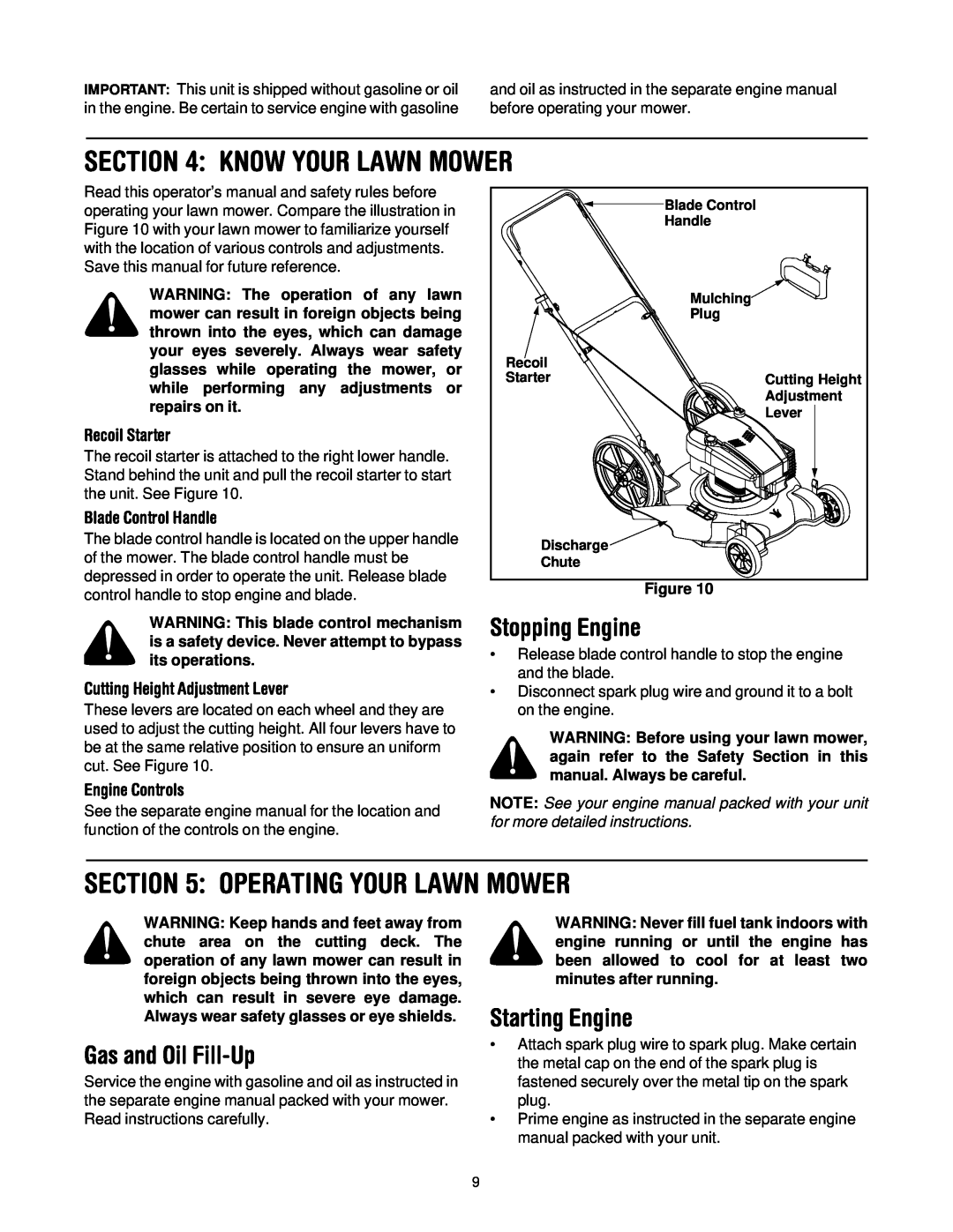 Yard-Man 503 manual Know Your Lawn Mower, Operating Your Lawn Mower, Stopping Engine, Gas and Oil Fill-Up, Starting Engine 