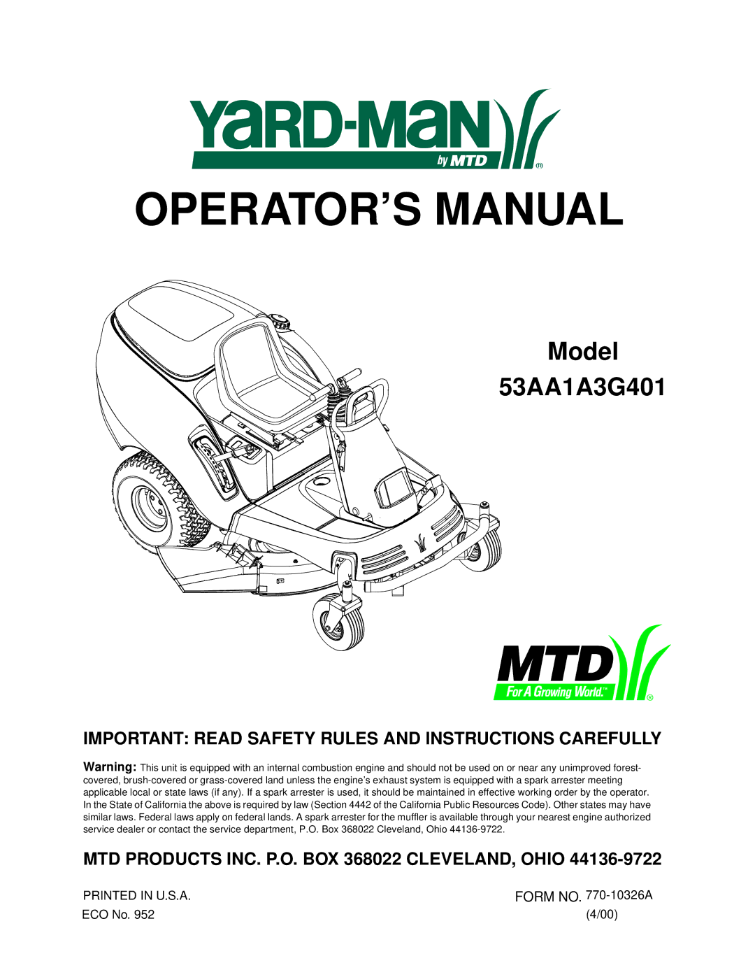 Yard-Man 53AA1A3G401 manual OPERATOR’S Manual 