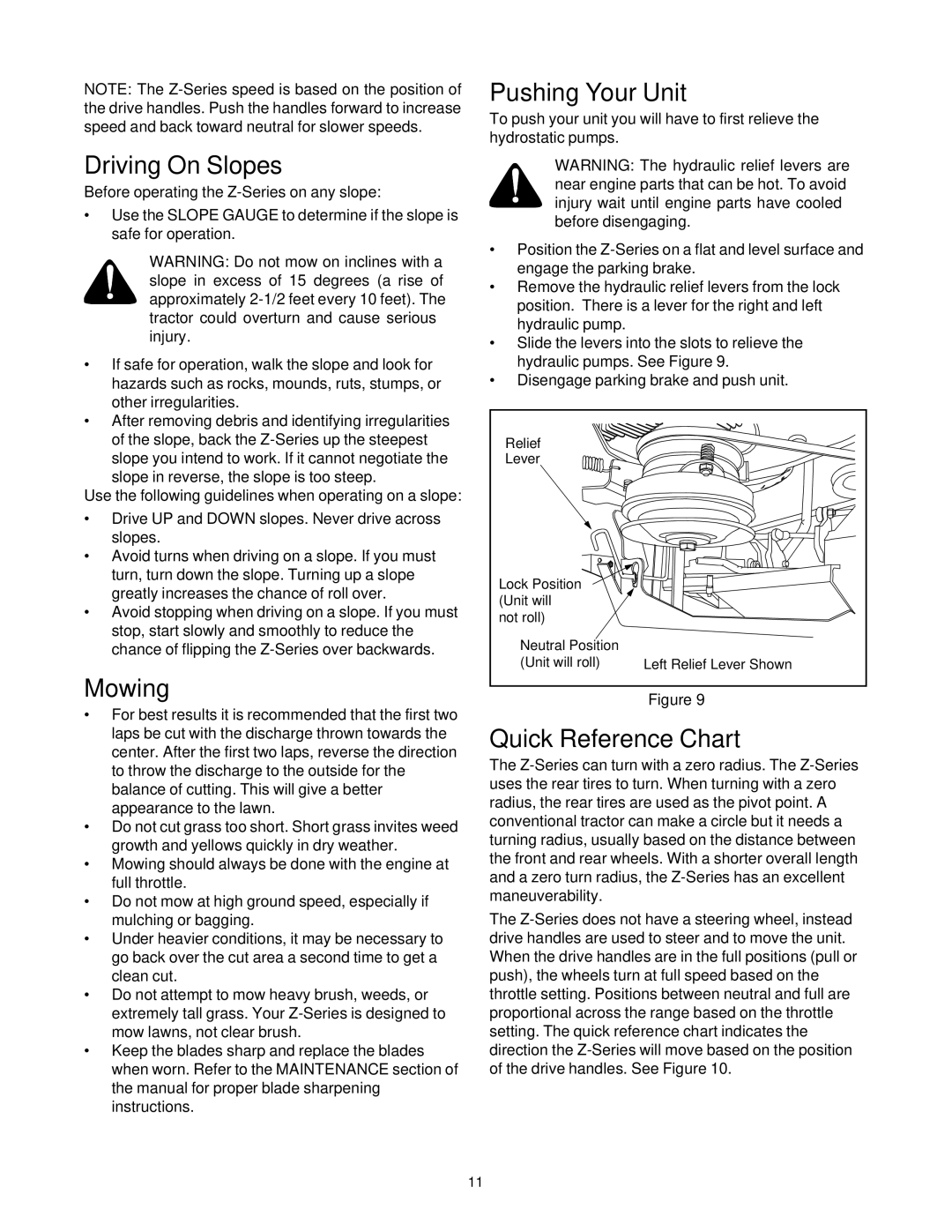 Yard-Man 53AA1A3G401 manual Driving On Slopes, Mowing, Pushing Your Unit, Quick Reference Chart 