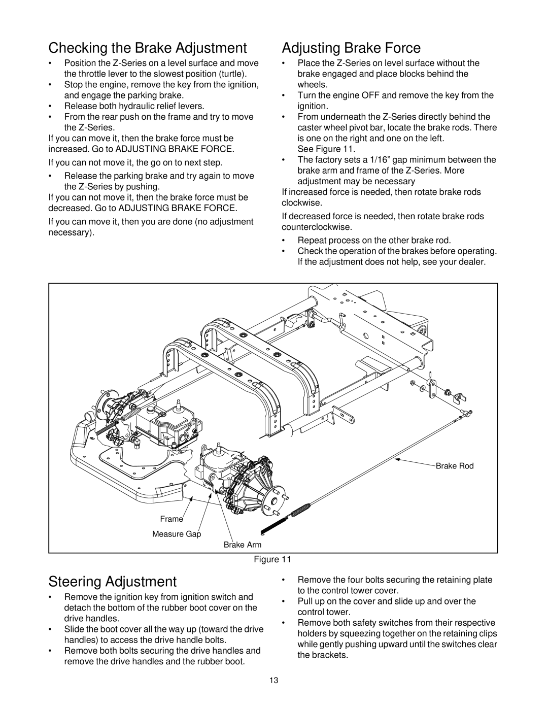 Yard-Man 53AA1A3G401 manual Checking the Brake Adjustment, Adjusting Brake Force, Steering Adjustment 