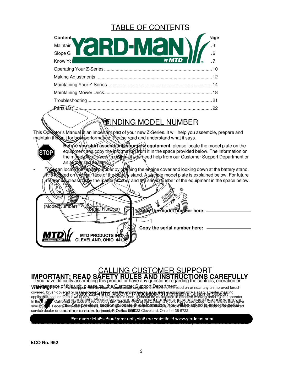 Yard-Man 53AA1A3G401 manual Table of Contents 