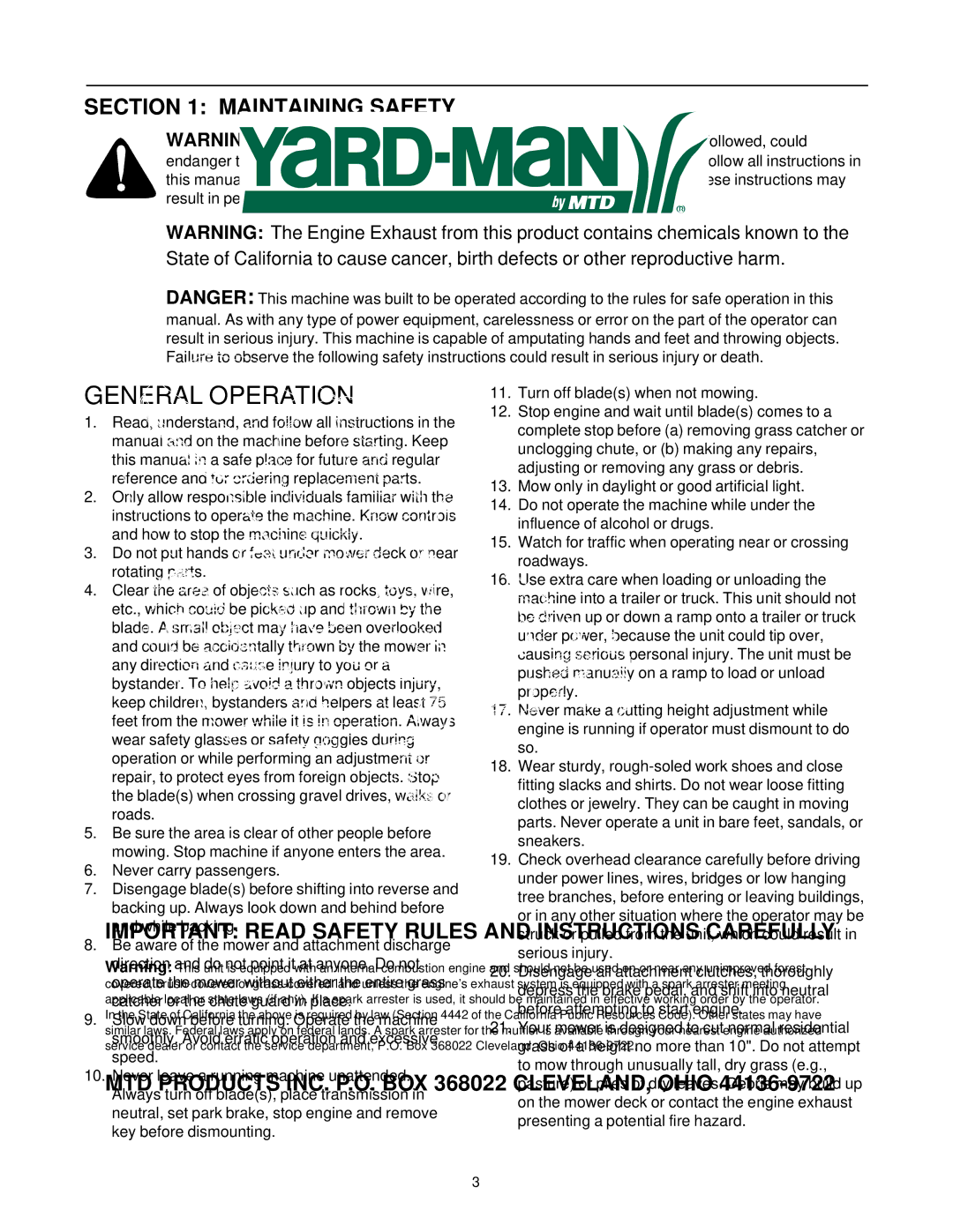 Yard-Man 53AA1A3G401 manual General Operation 