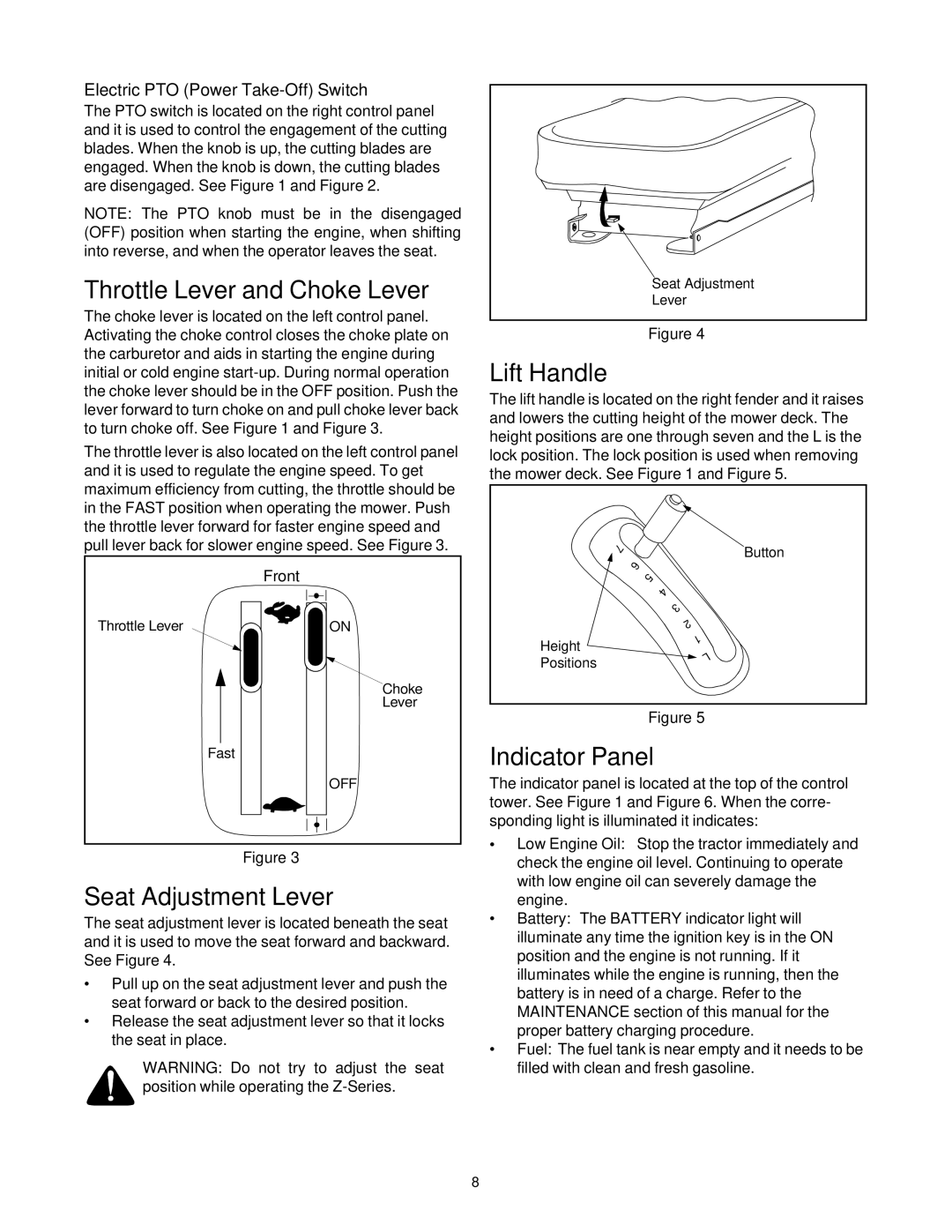 Yard-Man 53AA1A3G401 manual Throttle Lever and Choke Lever, Lift Handle, Indicator Panel, Seat Adjustment Lever 