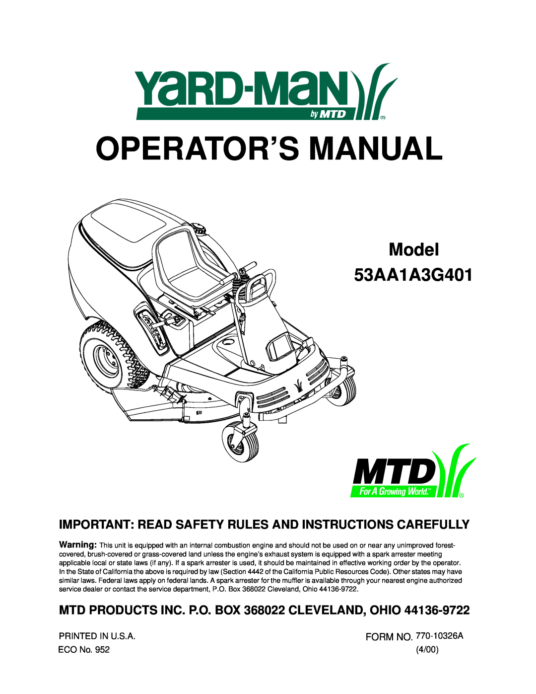 Yard-Man manual Important Read Safety Rules And Instructions Carefully, Operator’S Manual, Model 53AA1A3G401 