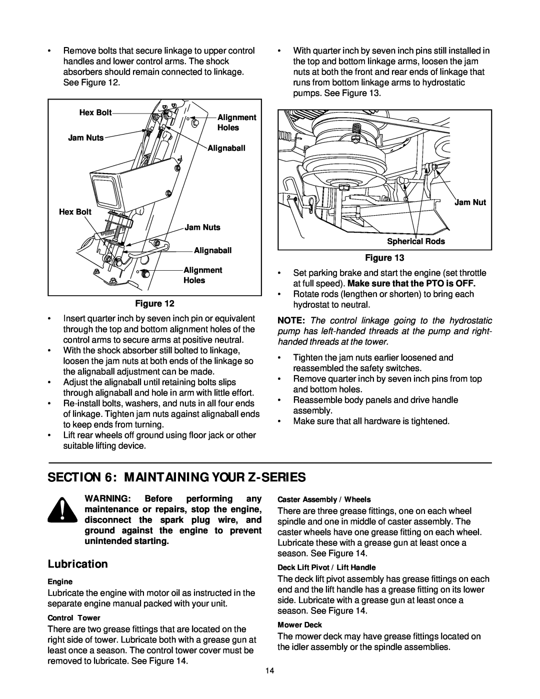 Yard-Man 53AA1A3G401 Maintaining Your Z-Series, Lubrication, Engine, Control Tower, Caster Assembly / Wheels, Mower Deck 