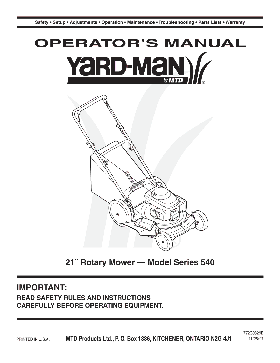 Yard-Man 540 manual OPERATOR’S Manual, Rotary Mower Model Series 