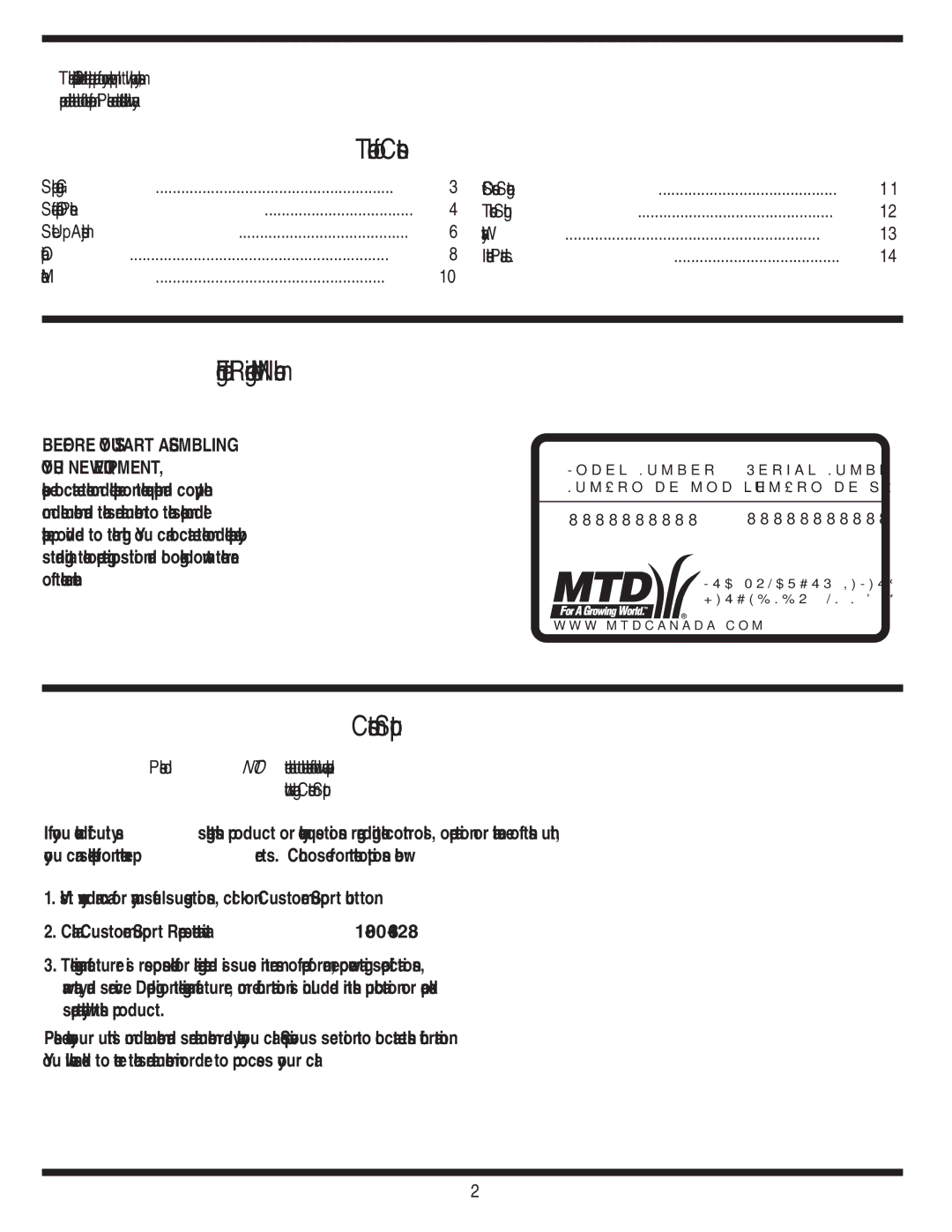 Yard-Man 540 manual Table of Contents, Finding and Recording Model Number, Customer Support 