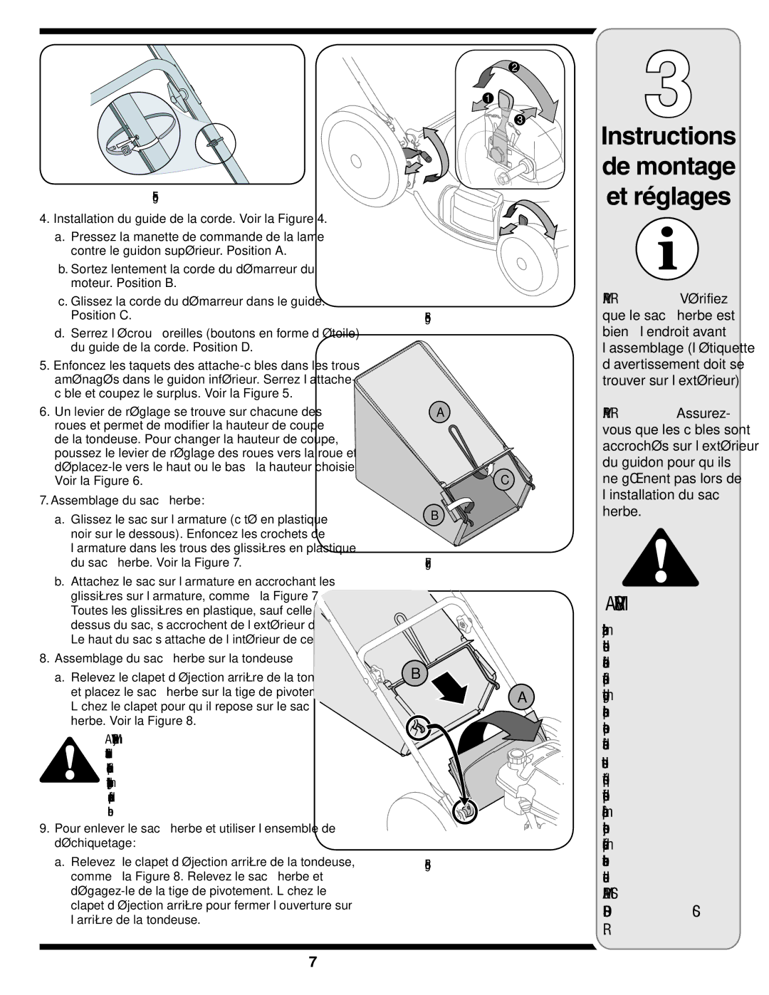 Yard-Man 540 manual Réglages et, Montage de Instructions 