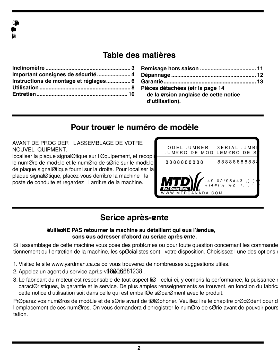 Yard-Man 540 manual Vente-après Service, Modèle de numéro le trouver Pour, Matières des Table, 1238-668-800-1 