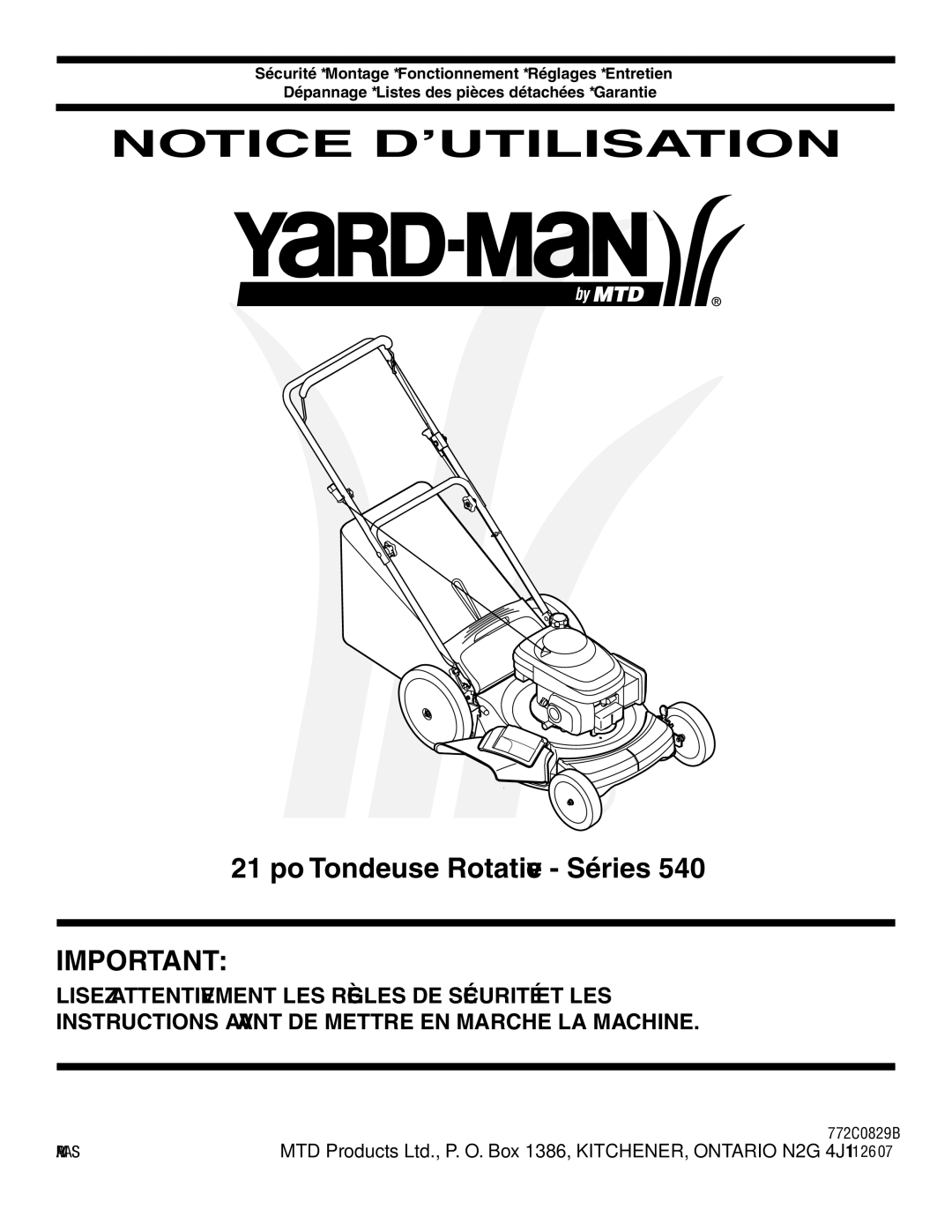 Yard-Man manual ’UTILISATION Notice, 540 Séries Rotative Tondeuse po 