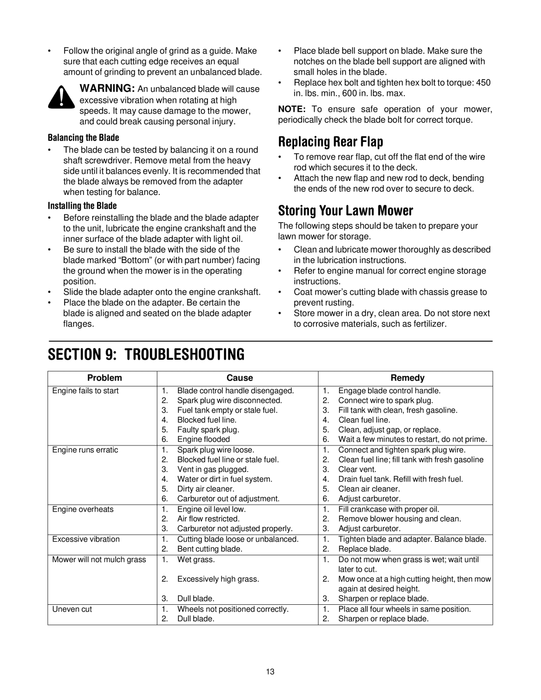 Yard-Man 549 Troubleshooting, Replacing Rear Flap, Storing Your Lawn Mower, Balancing the Blade, Installing the Blade 