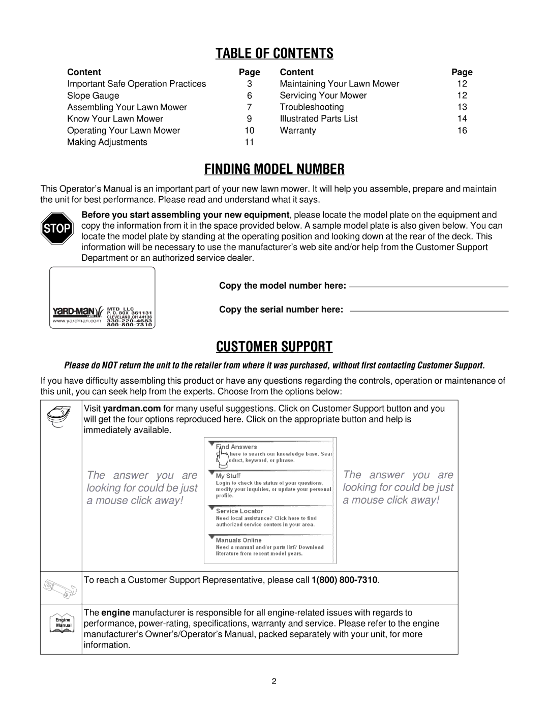 Yard-Man 549 manual Table of Contents 