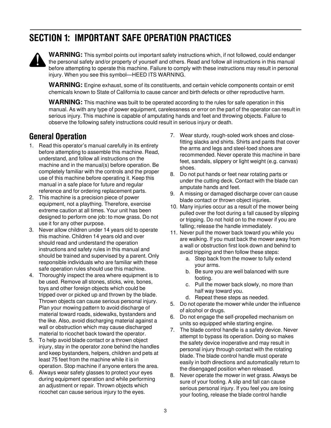 Yard-Man 549 manual Important Safe Operation Practices, General Operation 