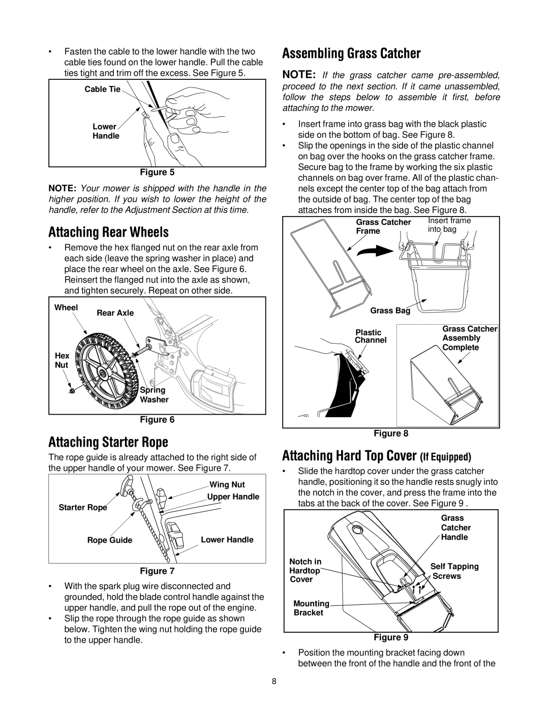 Yard-Man 549 Attaching Rear Wheels, Attaching Starter Rope, Assembling Grass Catcher, Attaching Hard Top Cover If Equipped 