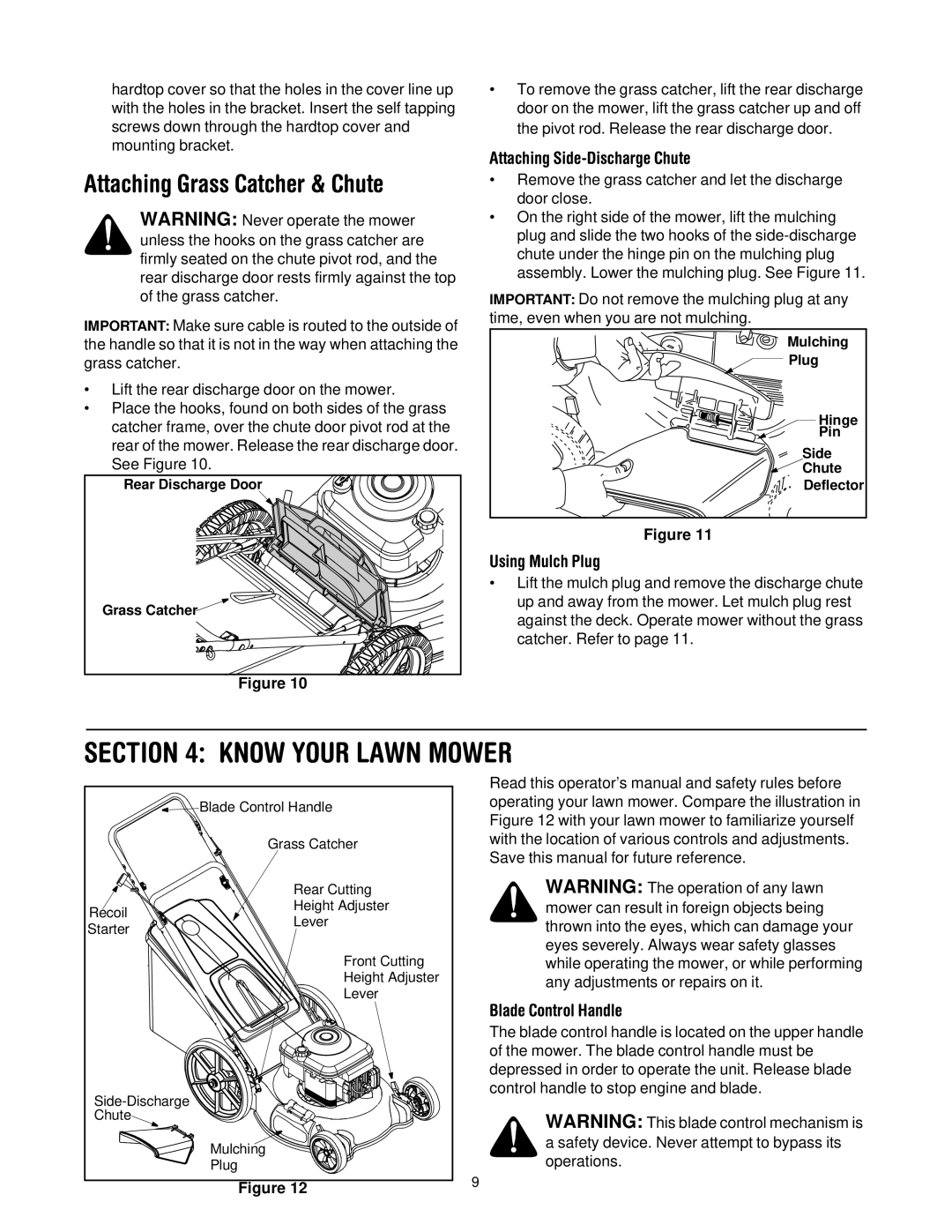 Yard-Man 549 manual Know Your Lawn Mower, Attaching Grass Catcher & Chute, Attaching Side-Discharge Chute, Using Mulch Plug 