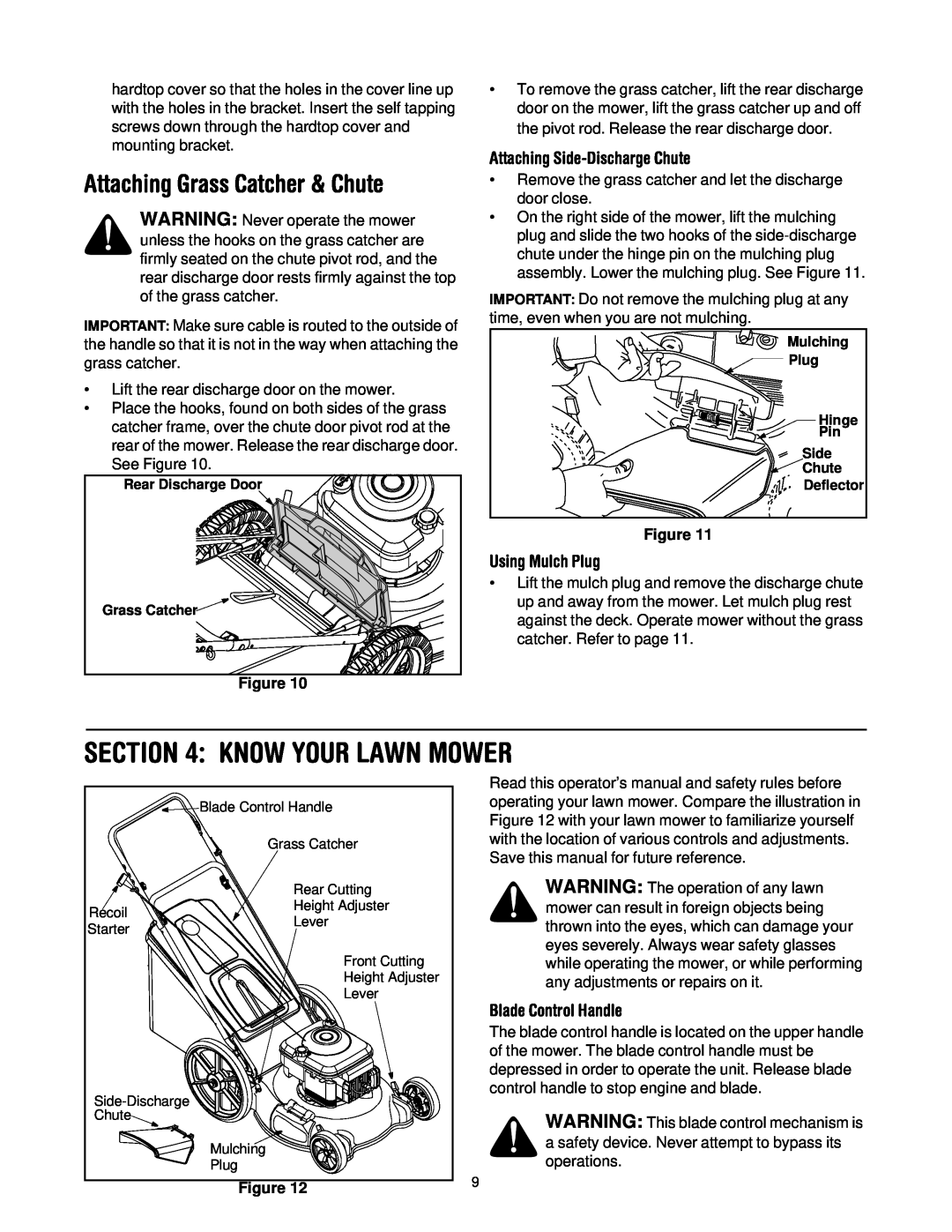 Yard-Man 549 manual Know Your Lawn Mower, Attaching Grass Catcher & Chute, Attaching Side-DischargeChute, Using Mulch Plug 