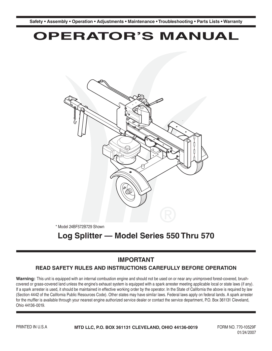 Yard-Man 550 Thru 570 manual Log Splitter Model Series 550 Thru, Model 24BF572B729 Shown, 01/24/2007 