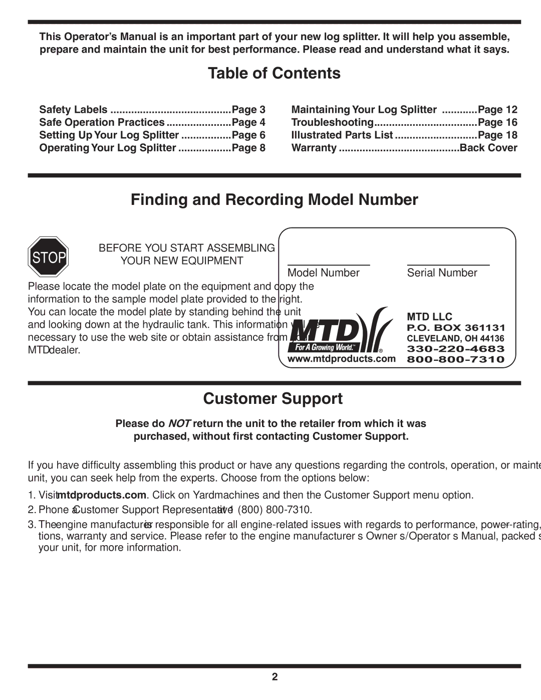 Yard-Man 550 Thru 570 manual Table of Contents, Finding and Recording Model Number, Customer Support 