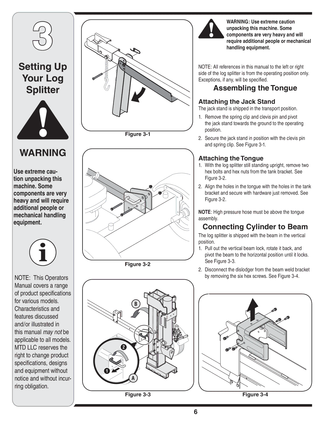 Yard-Man 550 Thru 570 manual Setting Up Your Log Splitter, Assembling the Tongue, Connecting Cylinder to Beam 