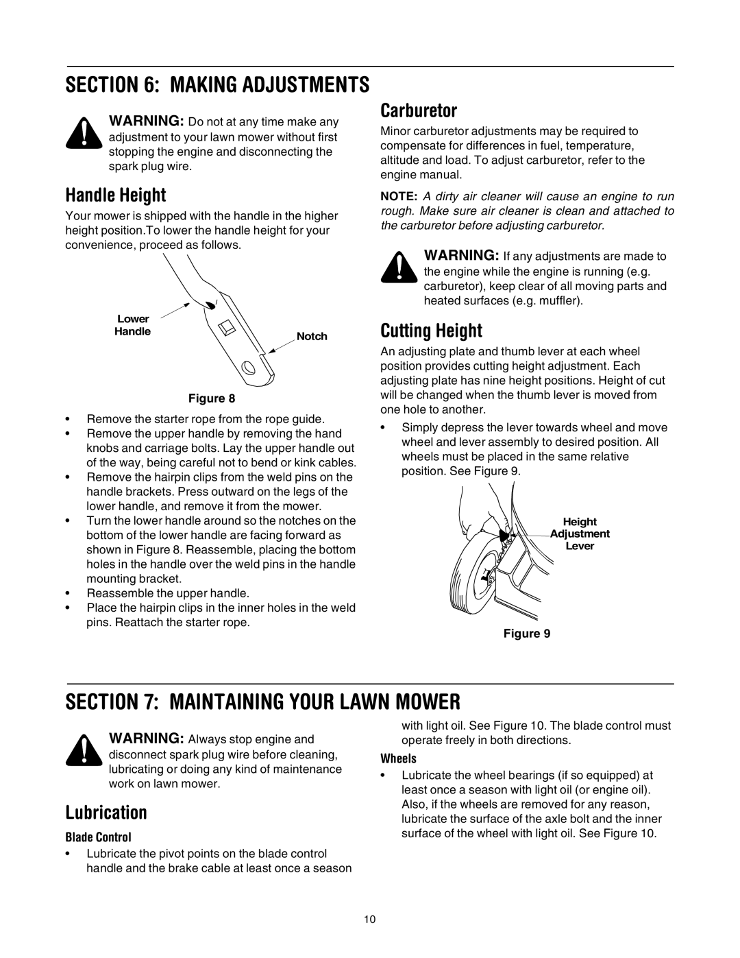 Yard-Man 573 manual Maintaining Your Lawn Mower, Handle Height, Carburetor, Cutting Height, Lubrication 