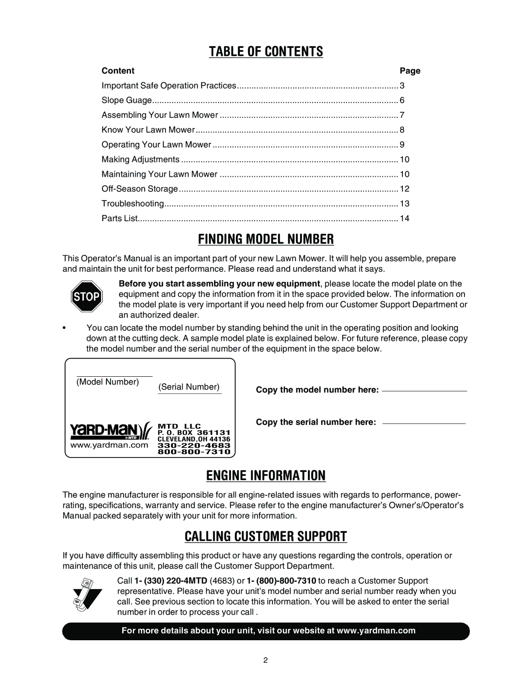 Yard-Man 573 manual Table of Contents 