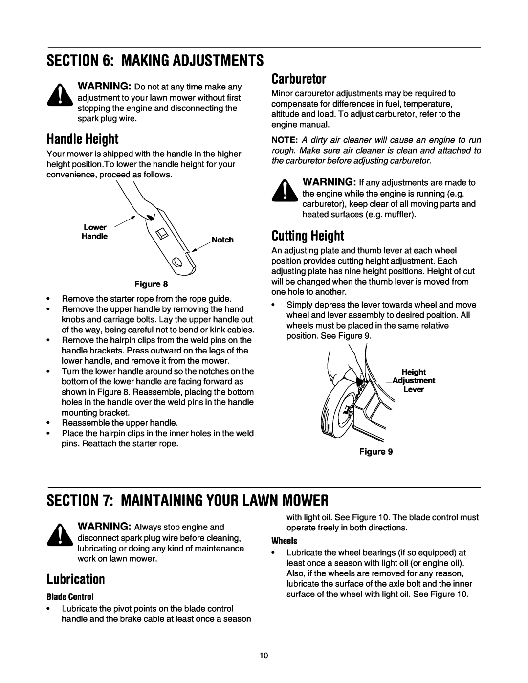 Yard-Man 573 manual Maintaining Your Lawn Mower, Handle Height, Carburetor, Cutting Height, Lubrication, Making Adjustments 