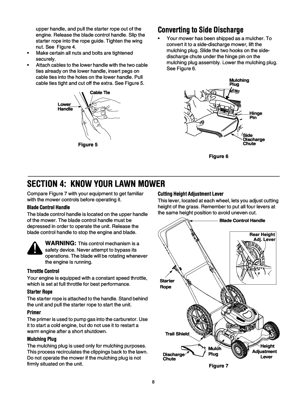 Yard-Man 573 Know Your Lawn Mower, Converting to Side Discharge, Blade Control Handle, Throttle Control, Starter Rope 