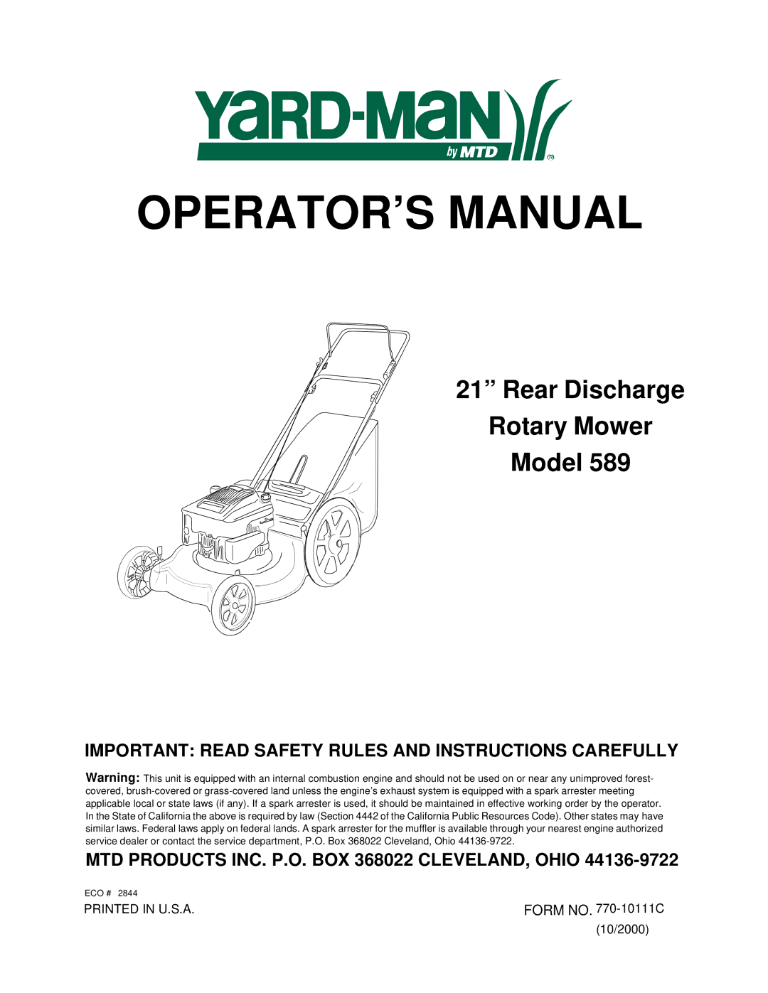 Yard-Man 589 manual OPERATOR’S Manual 