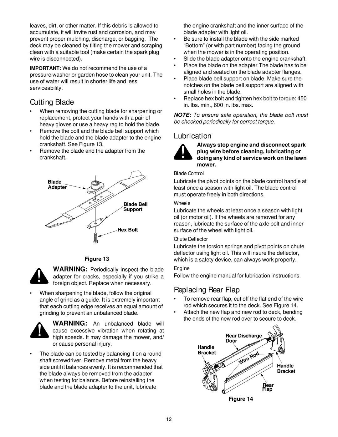 Yard-Man 589 manual Cutting Blade, Lubrication, Replacing Rear Flap 