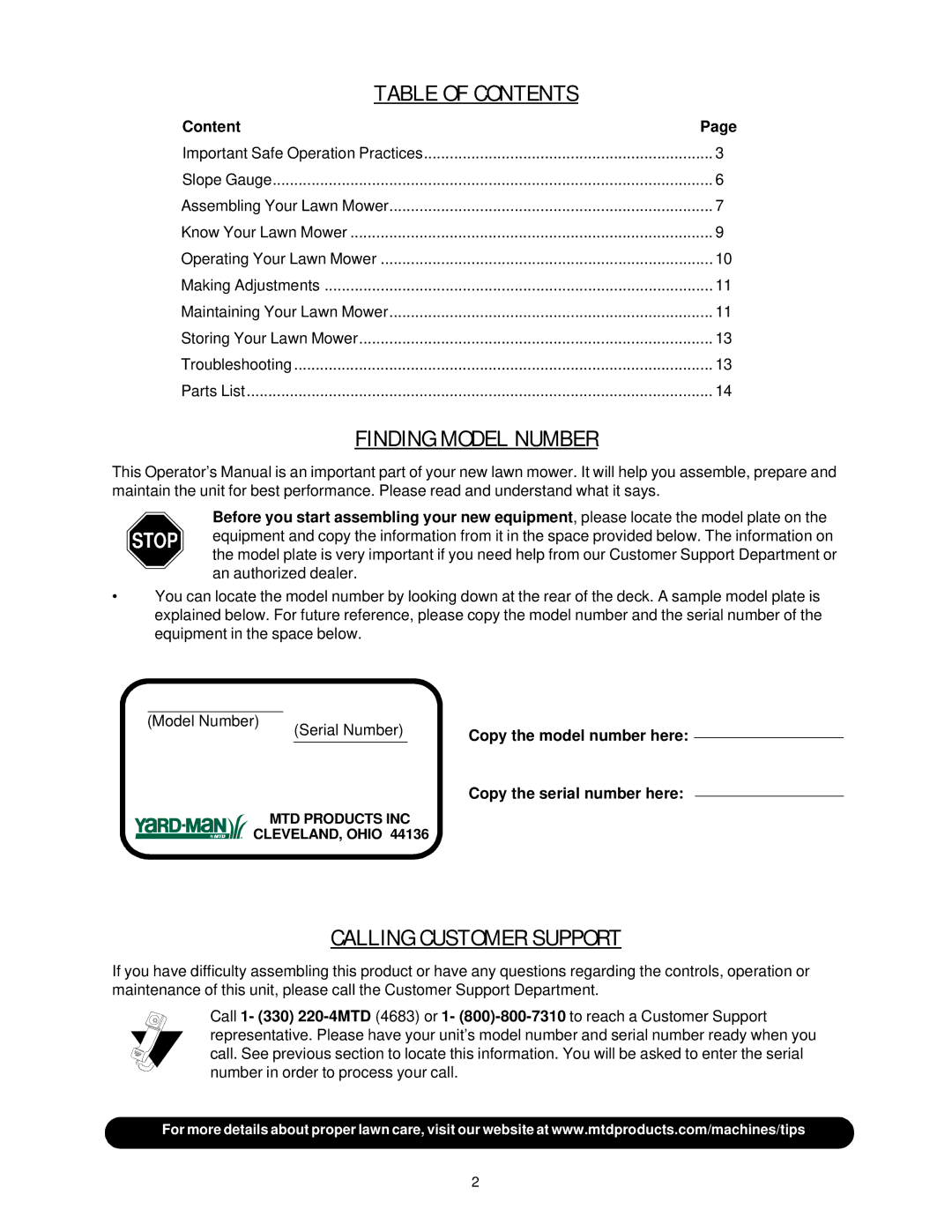 Yard-Man 589 manual Table of Contents 