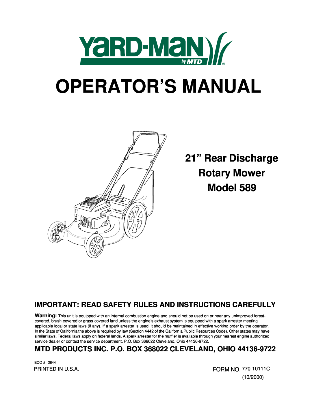 Yard-Man 589 manual Operator’S Manual, 21” Rear Discharge Rotary Mower Model 