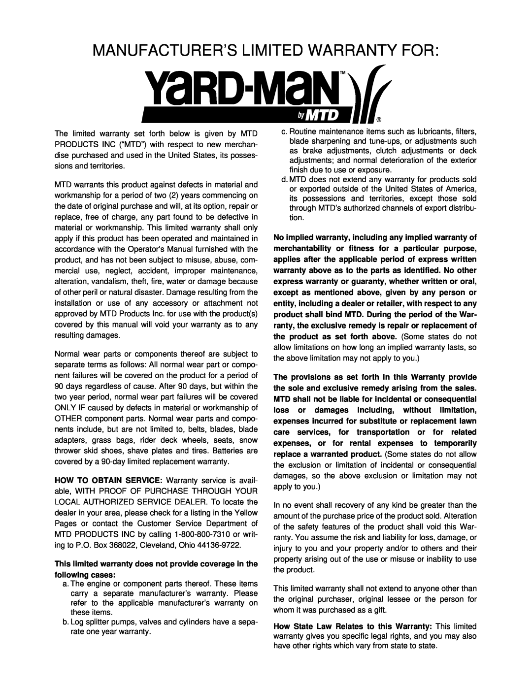 Yard-Man 589 manual Manufacturer’S Limited Warranty For 