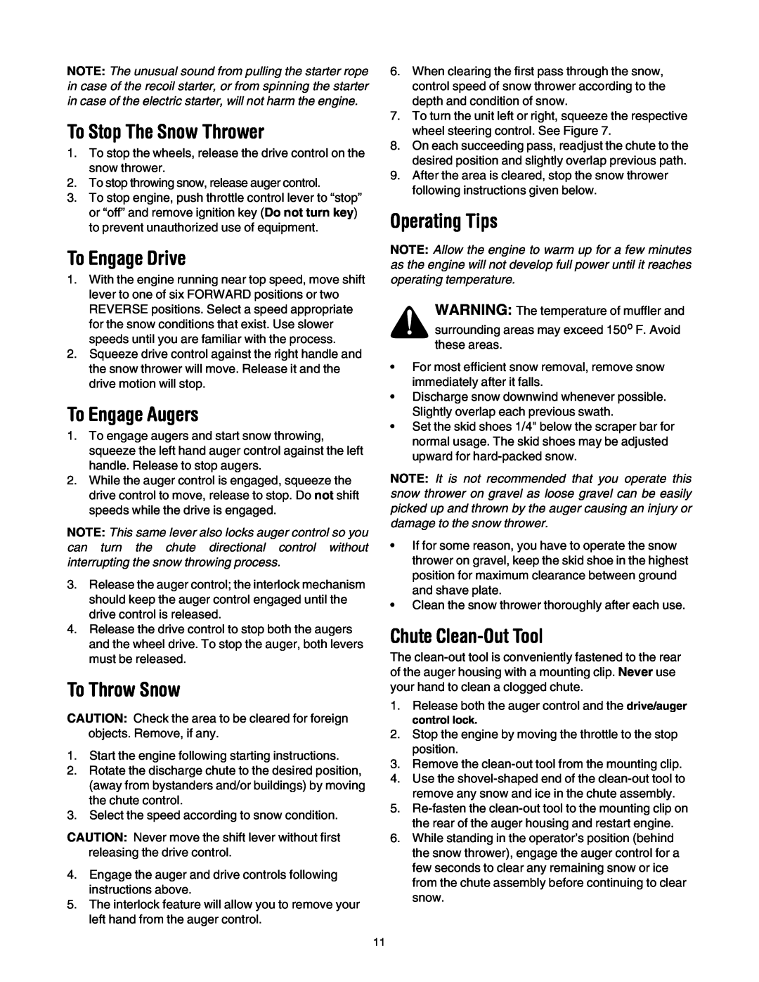 Yard-Man 5KL manual To Stop The Snow Thrower, To Engage Drive, To Engage Augers, To Throw Snow, Operating Tips 