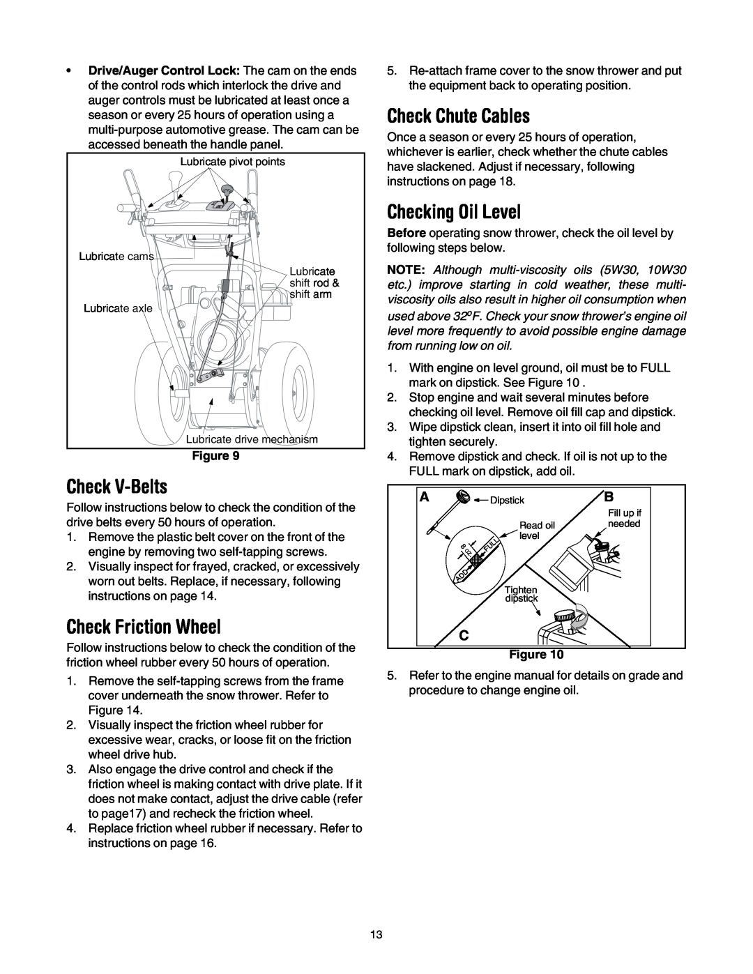Yard-Man 5KL manual Check V-Belts, Check Friction Wheel, Check Chute Cables, Checking Oil Level 