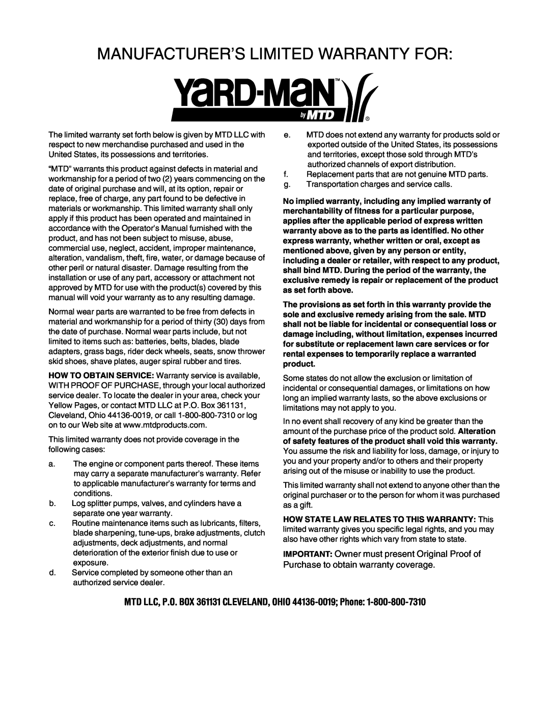 Yard-Man 5KL manual Manufacturer’S Limited Warranty For 