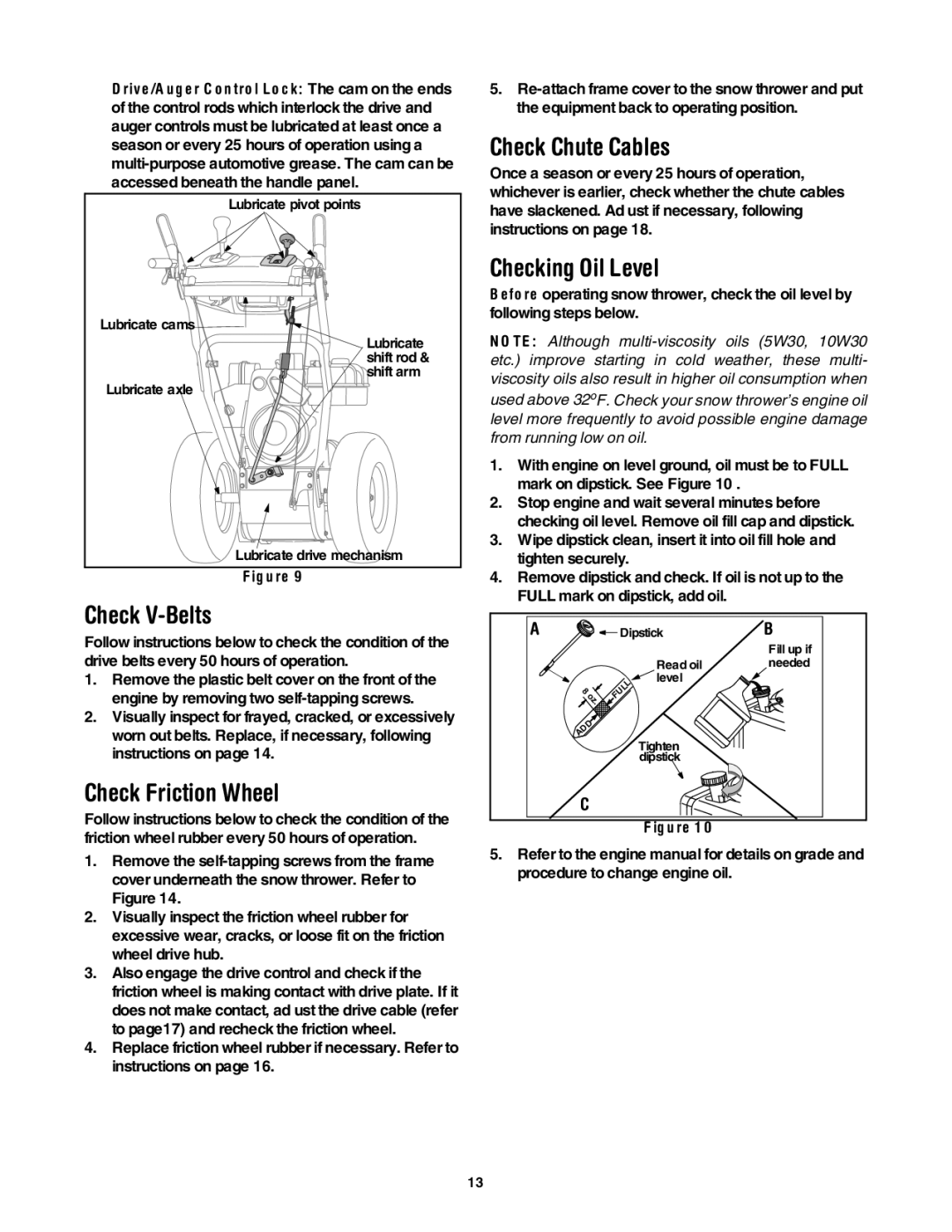 Yard-Man 5KL manual Check V-Belts, Check Friction Wheel, Check Chute Cables, Checking Oil Level 