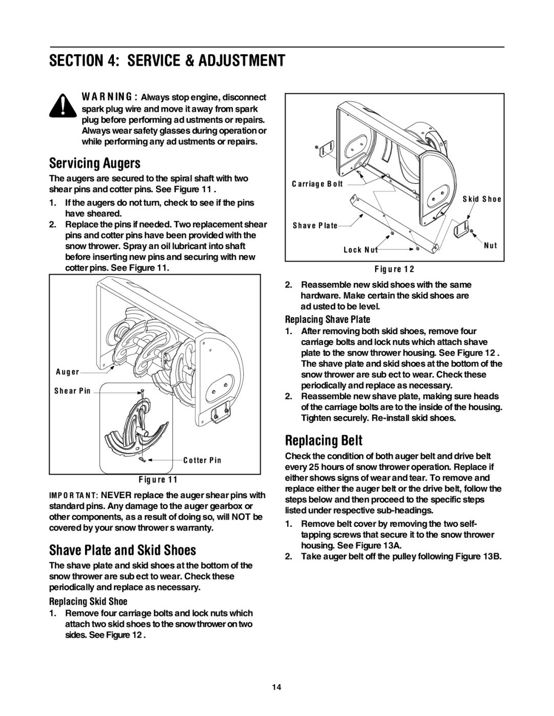 Yard-Man 5KL manual Service & Adjustment, Servicing Augers, Shave Plate and Skid Shoes, Replacing Belt 