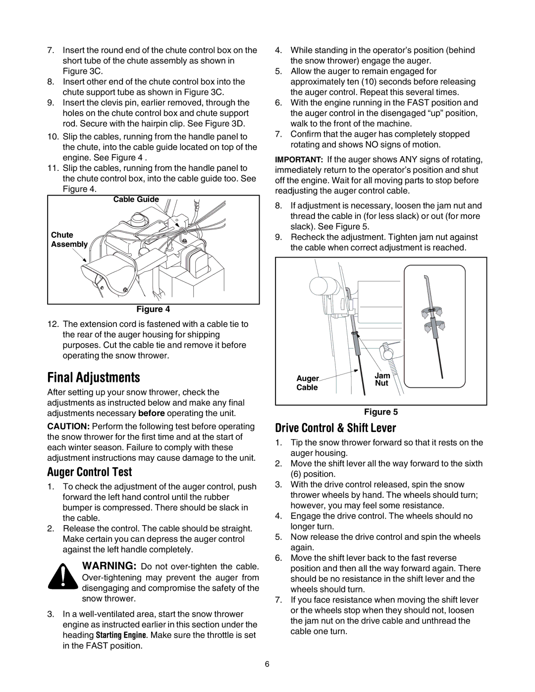 Yard-Man 5KL manual Final Adjustments, Auger Control Test, Drive Control & Shift Lever 