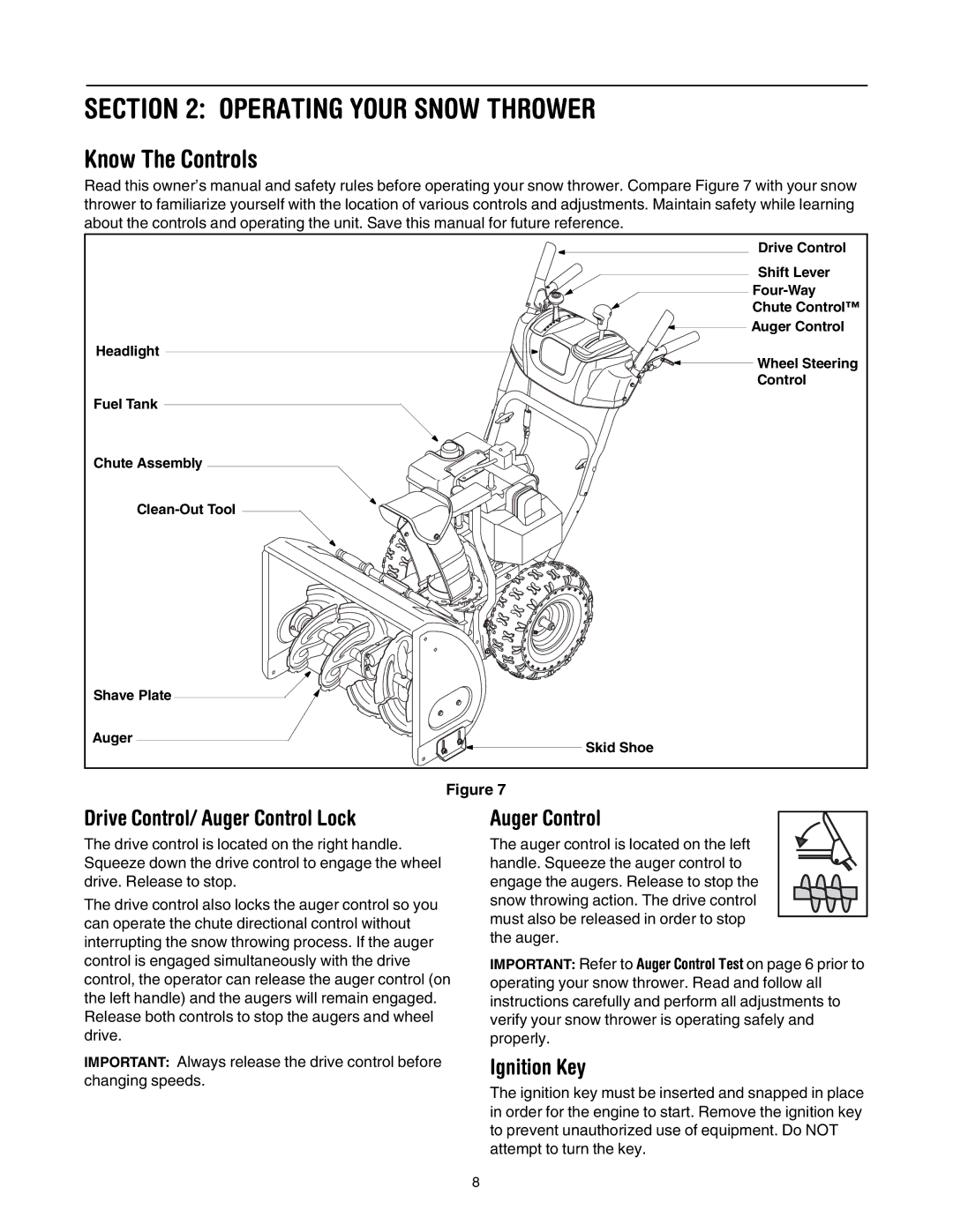 Yard-Man 5KL manual Operating Your Snow Thrower, Know The Controls, Drive Control/ Auger Control Lock, Ignition Key 