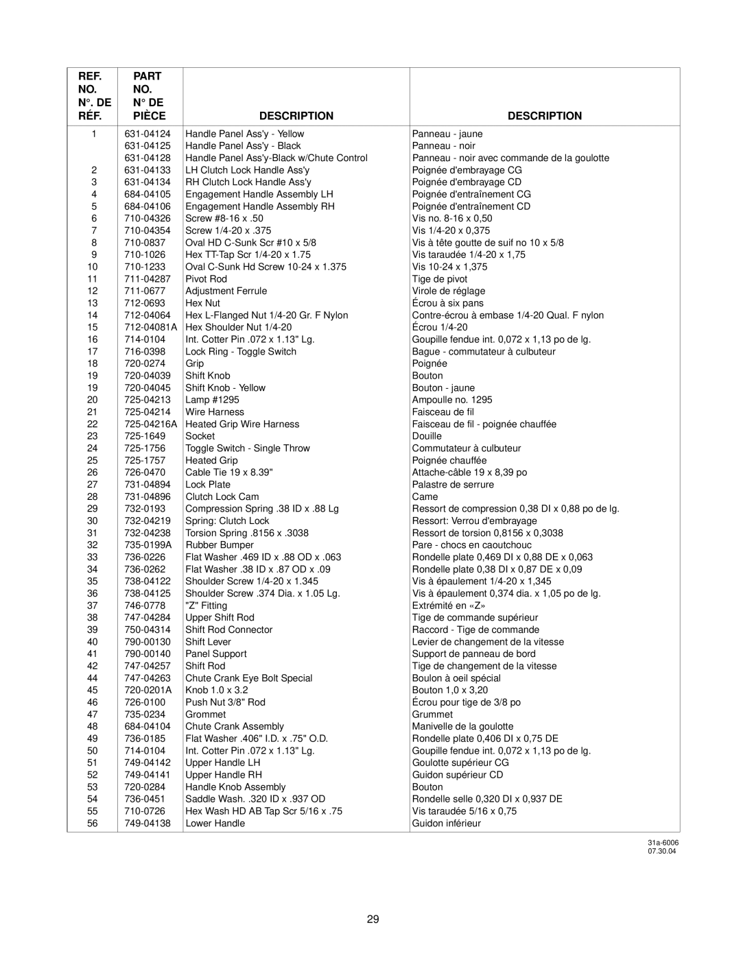 Yard-Man 600 manual Part RÉF Pièce Description 