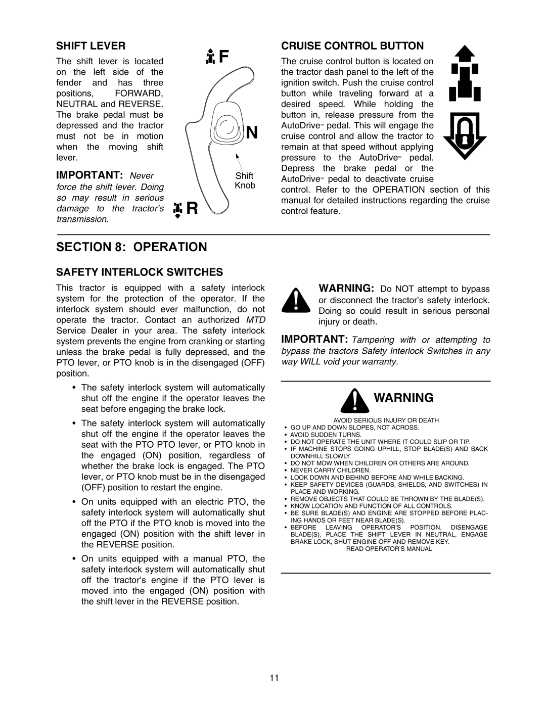 Yard-Man 604 manual Shift Lever, Cruise Control Button, Safety Interlock Switches 