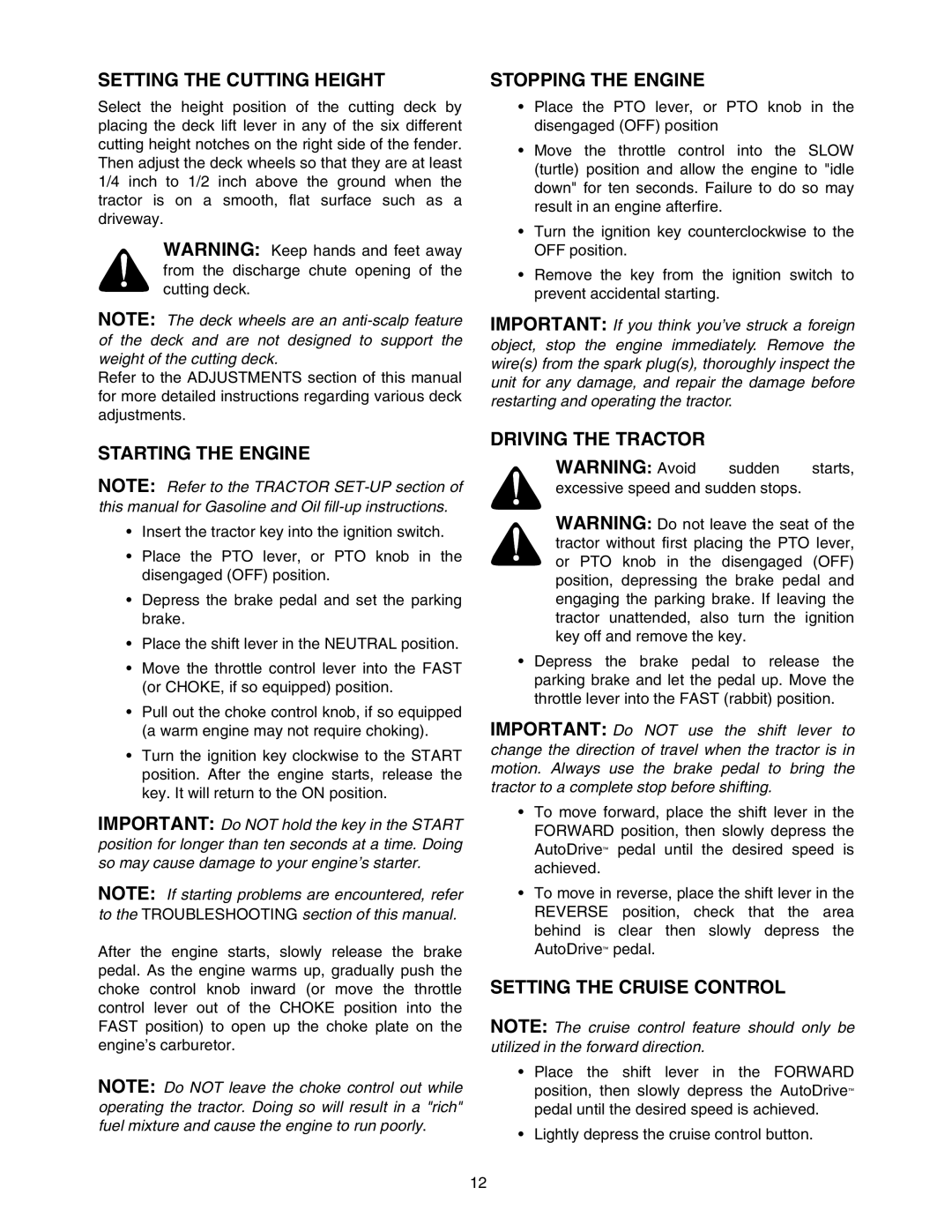 Yard-Man 604 manual Setting the Cutting Height, Starting the Engine, Stopping the Engine, Driving the Tractor 