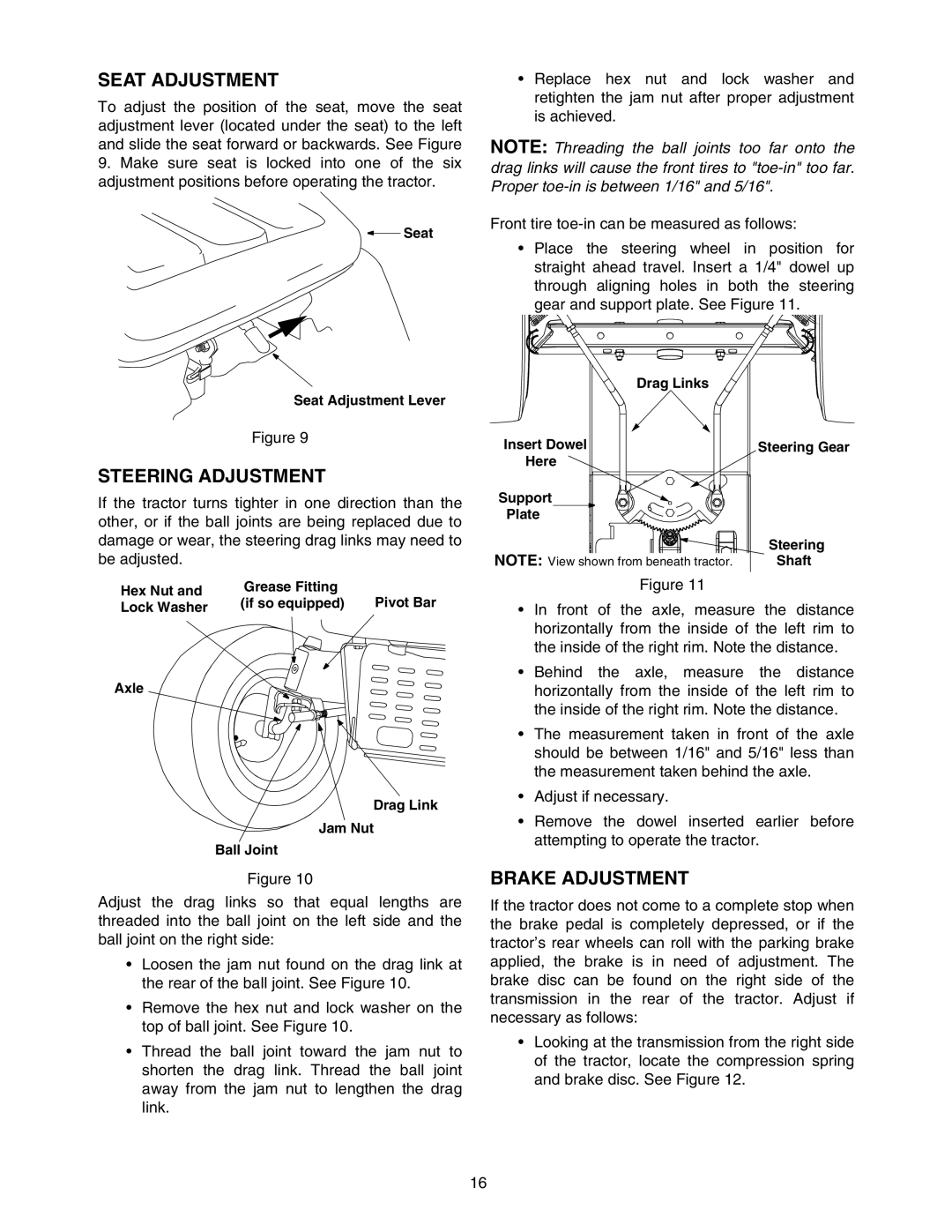 Yard-Man 604 manual Seat Adjustment, Steering Adjustment, Brake Adjustment 