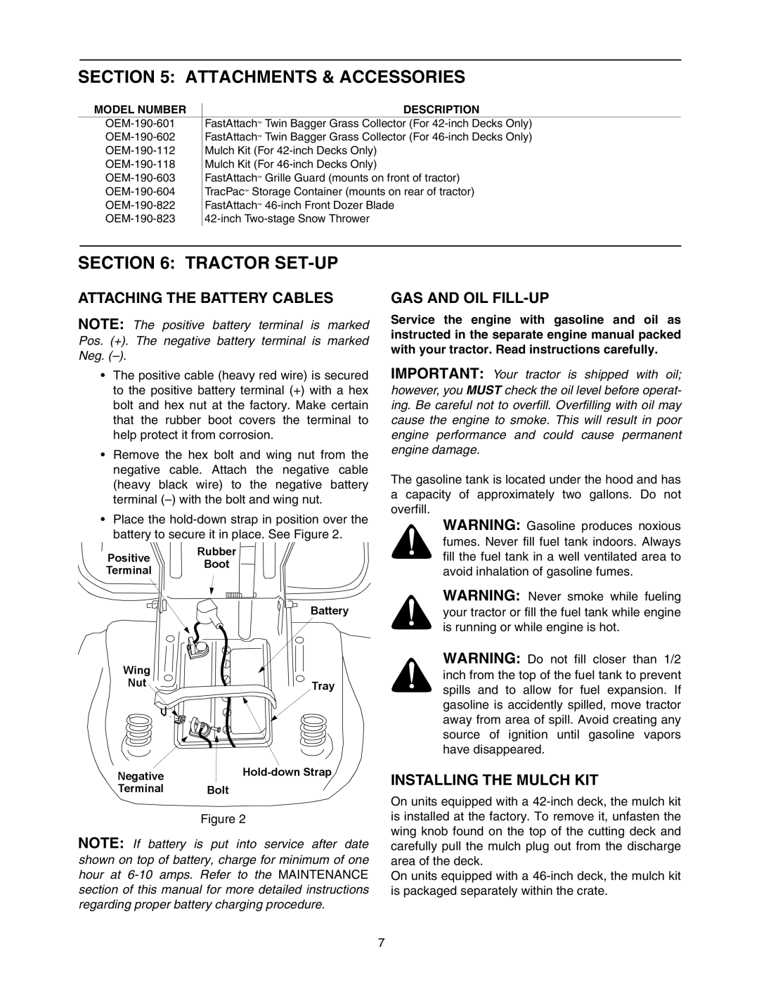 Yard-Man 604 manual Attachments & Accessories, Tractor SET-UP, Attaching the Battery Cables, GAS and OIL FILL-UP 