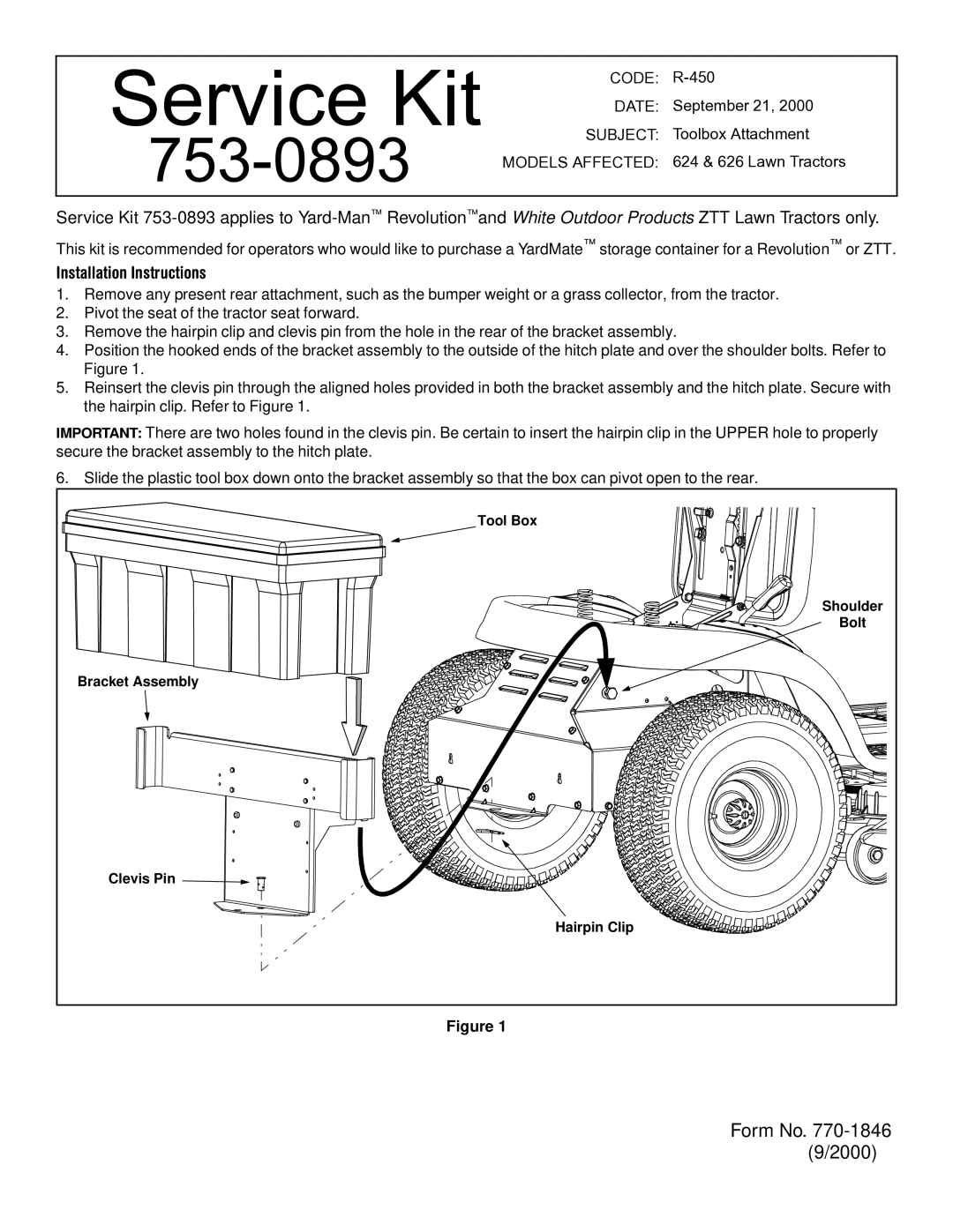 Yard-Man 624, 626 installation instructions Service Kit, 753-0893, Installation Instructions 