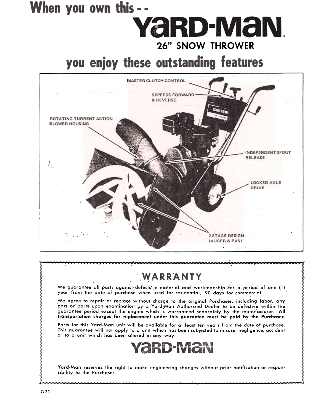 Yard-Man 7100-1 manual Snow Thrower, ~7171 
