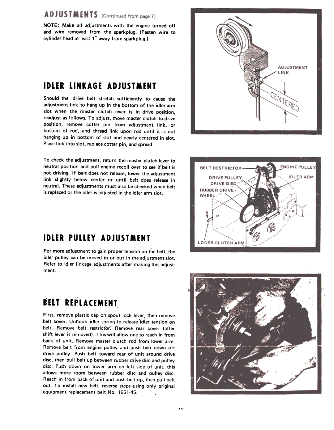 Yard-Man 7100-1 manual Idler Linkage Adjustment, Idler Pulley Adjustment, Belt Replacement 