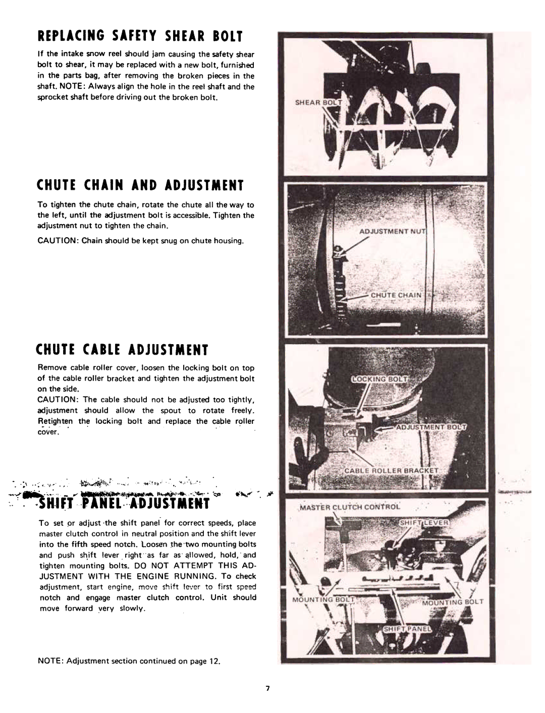 Yard-Man 7100-1 manual Chute Chain and Adjustment, Replacing Safety Shear Bolt, Chute Cable Adjustment 