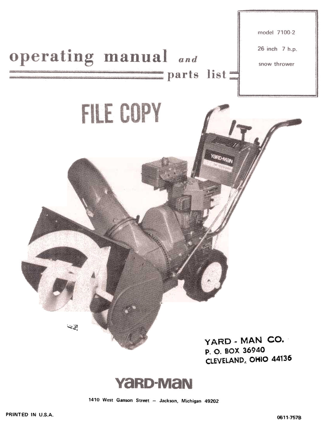 Yard-Man 7100-2 manual Man Co, YARD~k~, P. O. Box, Cleveland, Ohio, PR1NTEDIN U.S.A 